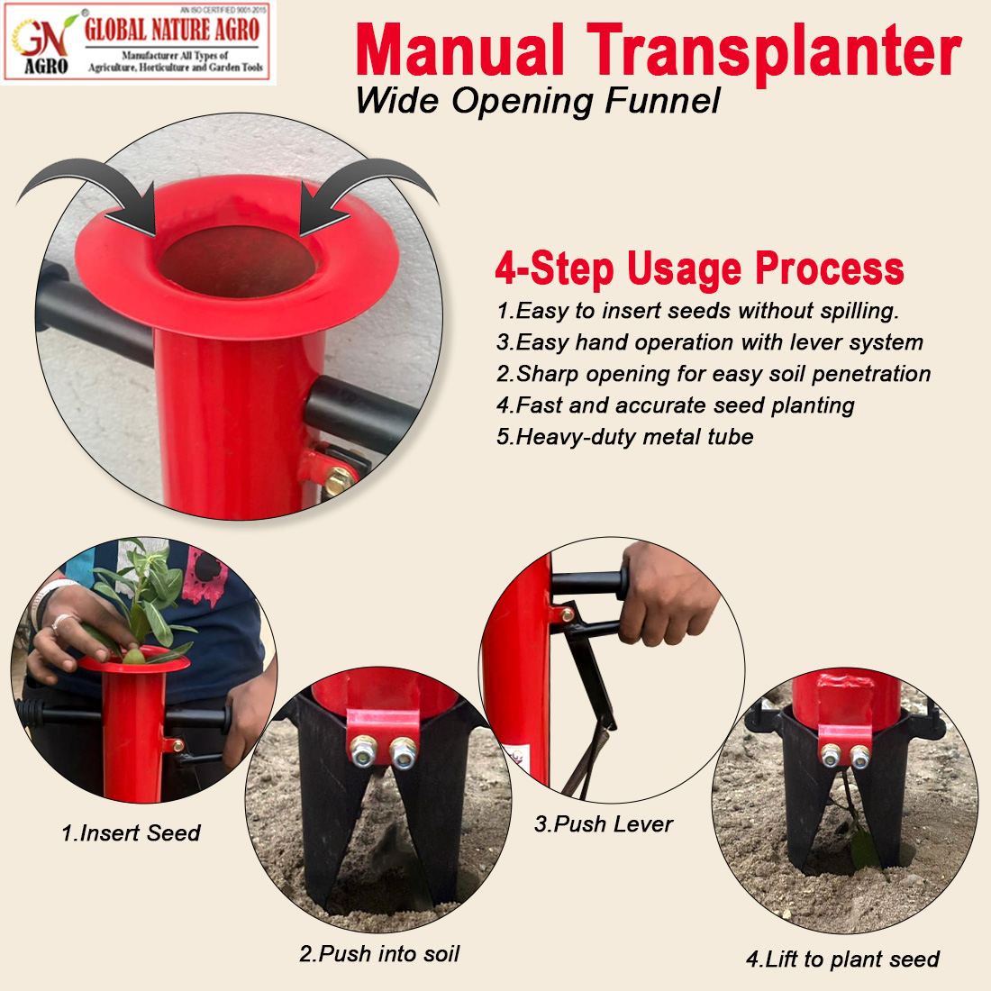Global Nature Agro Manual Transplanter Tool – Easy Planting Device for Seedlings, Vegetables & Saplings | Heavy-Duty Steel Body | Time-Saving Farm Equipment for Nursery & Field Use - Image 5