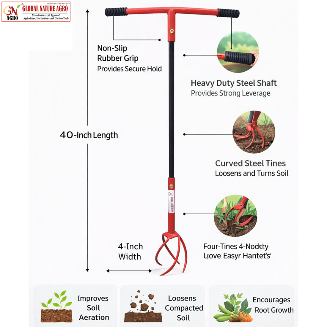 Global Nature Agro Manual Garden Hand Cultivator with T-Handle for Soil Loosening Weeding & Aeration | Heavy Duty Steel Soil Digger Tool for Farming Gardening & Plantation (Typhoon-MINI, 1) - Image 3