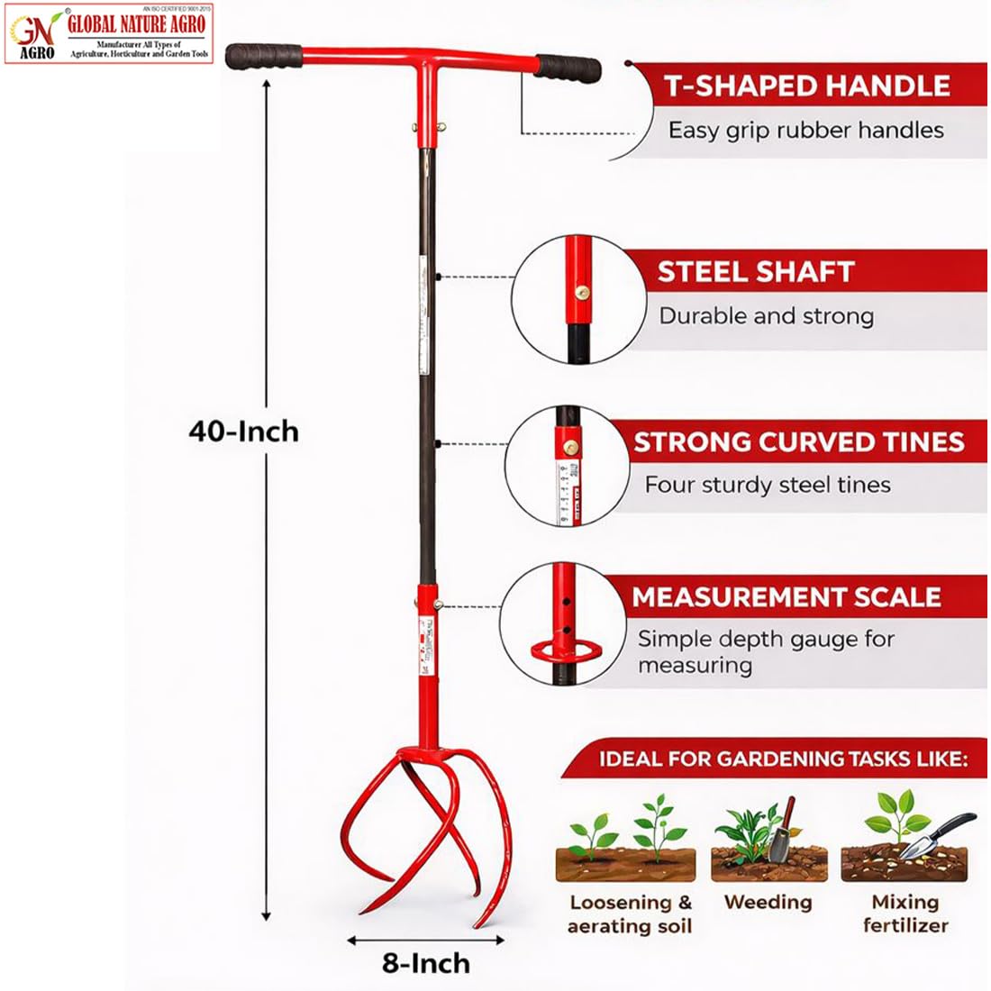 Global Nature Agro Manual Garden Hand Cultivator with T-Handle for Soil Loosening Weeding & Aeration | Heavy Duty Steel Soil Digger Tool for Farming Gardening & Plantation (Typhoon-XL, 1) - Image 5
