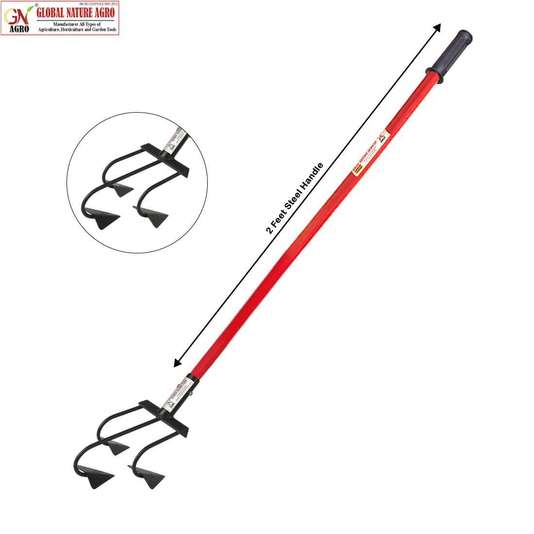 Global Nature Agro Heavy-Duty 3 Tine Garden Cultivator with 2 Feet Steel Handle | Soil Loosening, Weeding & Mixing Tool for Home Garden & Farming | Durable Forged Blades | Manual Agriculture Tool - Image 2