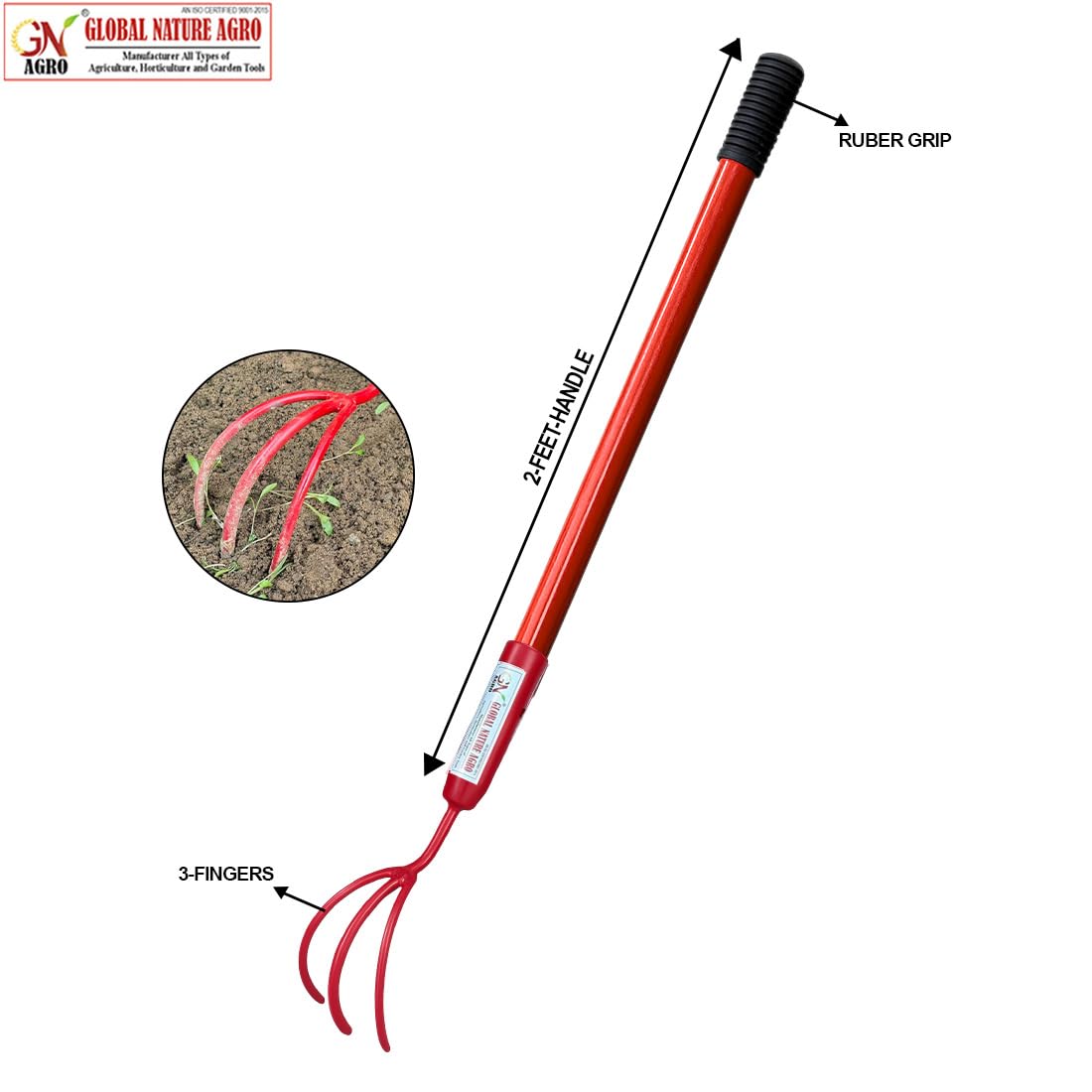Global Nature Agro 3 Finger Garden Cultivator with 2 Feet Handle, Heavy Duty Manual Hand Weeder Tool with Rubber Grip for Soil Loosening, Weeding, Aeration & Home Gardening - Image 4