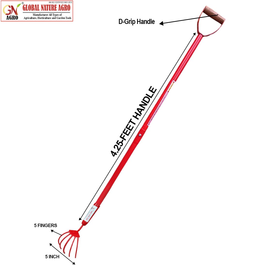 Global Nature Agro Long Handle 5-Finger Garden Cultivator with D-Grip Handle | 4.25 Feet Heavy Duty Iron Hand Weeder | 5 Inch Tines for Soil Loosening, Weeding & Gardening - Image 3