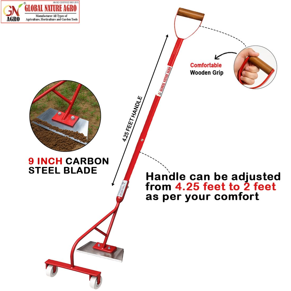 Global Nature Agro Heavy-Duty Push Weeder with Dual Wheels & 9Inch-Carbon Steel Blade | Manual Weed Remover for Farming & Gardening | Soil-Friendly Grass & Weed Cutter Tool (PushWeeder_4FtDHandle) - Image 2