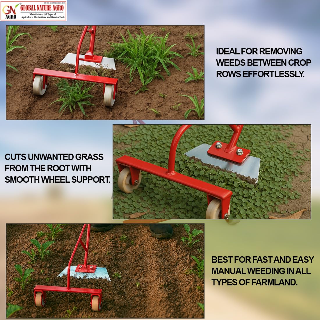Global Nature Agro Heavy-Duty Push Weeder with Dual Wheels & 9Inch-Carbon Steel Blade | Manual Weed Remover for Farming & Gardening | Soil-Friendly Grass & Weed Cutter Tool (PushWeeder_2FtHandle) - Image 3