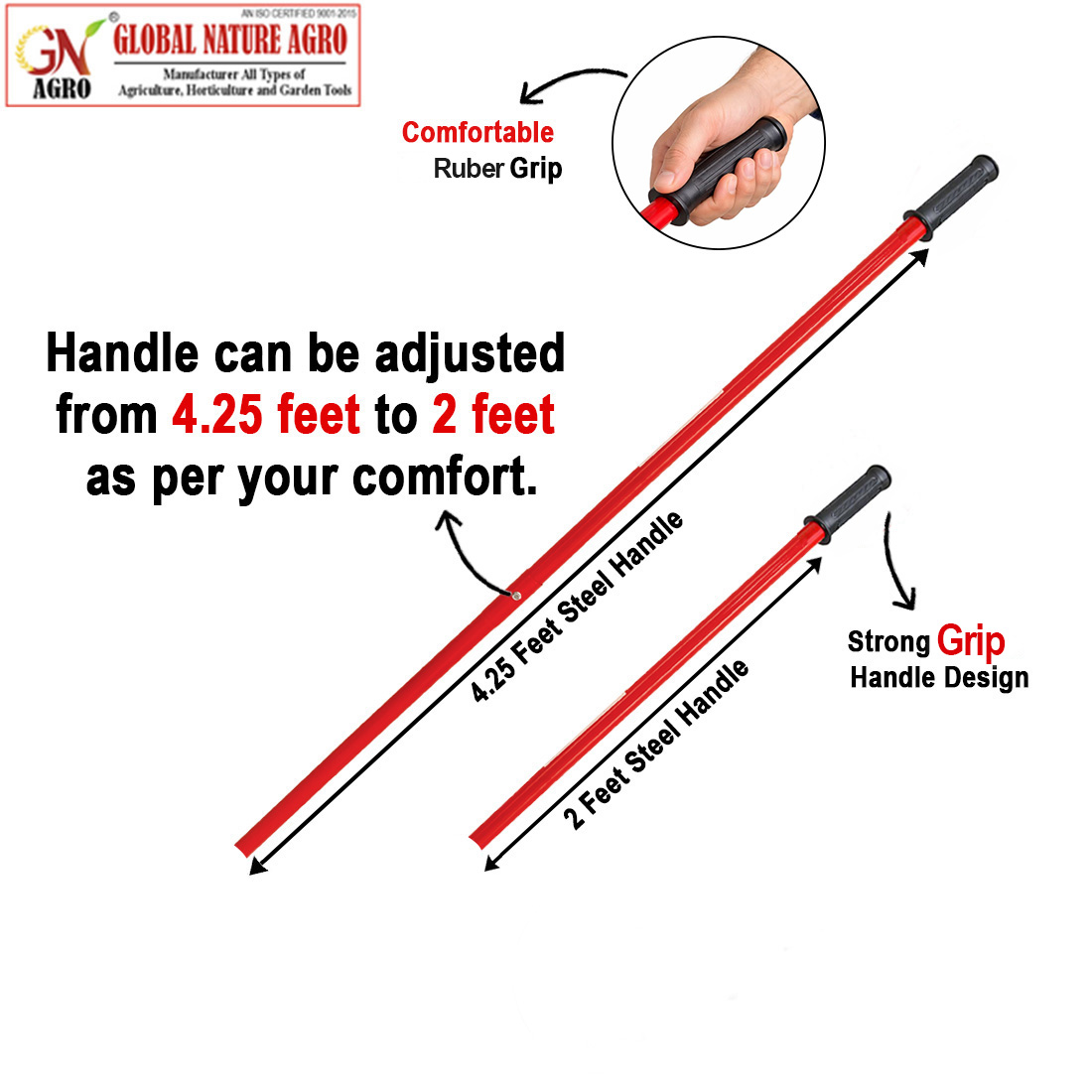 Global Nature Agro Adjustable Steel Handle with Rubber Grip | 2 Feet to 4.25 Feet Extendable Handle for Garden Tools | Heavy Duty Rust-Resistant Handle for Agriculture & Gardening - Image 2