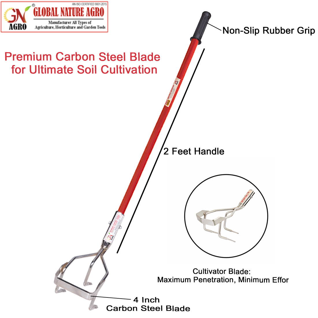 Global Nature Agro 2 Feet Manual Hand Cultivator | Heavy Duty Carbon Steel Blade | Garden & Farm Soil Cultivator Tool with Non-Slip Grip Handle - Image 3