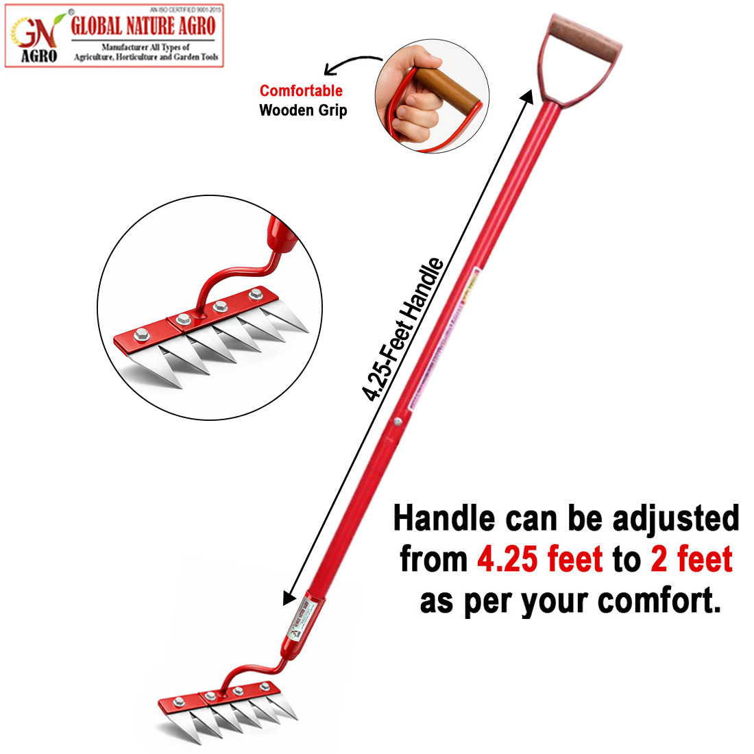 Global Nature Agro Manual Garden Weeder Tool 8 Inch | 5-Tine 2 Inch Carbon Steel Blade | Heavy Duty 4.25 Feet Hand Weeding & Soil Cultivator for Farming & Gardening - Image 2
