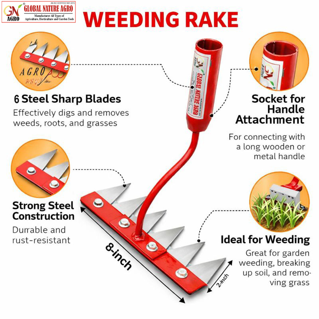 Global Nature Agro Manual Garden Weeder Tool 8 Inch | 5-Tine 2 Inch Carbon Steel Blade | Heavy Duty Hand Weeding & Soil Cultivator for Farming & Gardening (1, WeedingRake-4FT-Handle) - Image 2