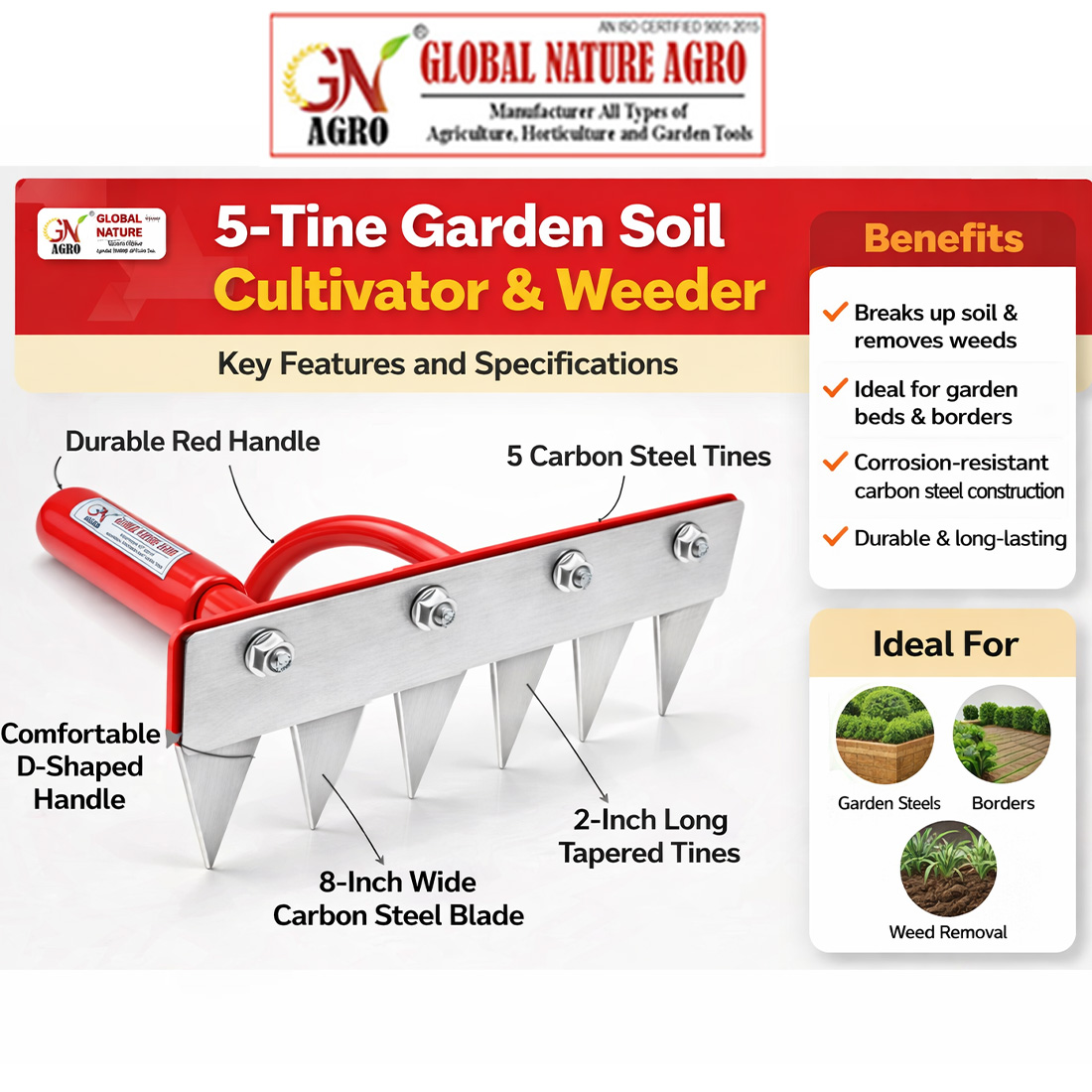 Global Nature Agro Manual Garden Weeder Tool 8 Inch | 5-Tine 2 Inch Carbon Steel Blade | Heavy Duty Hand Weeding & Soil Cultivator for Farming & Gardening (1, WeedingRake-4FT-Handle) - Image 6