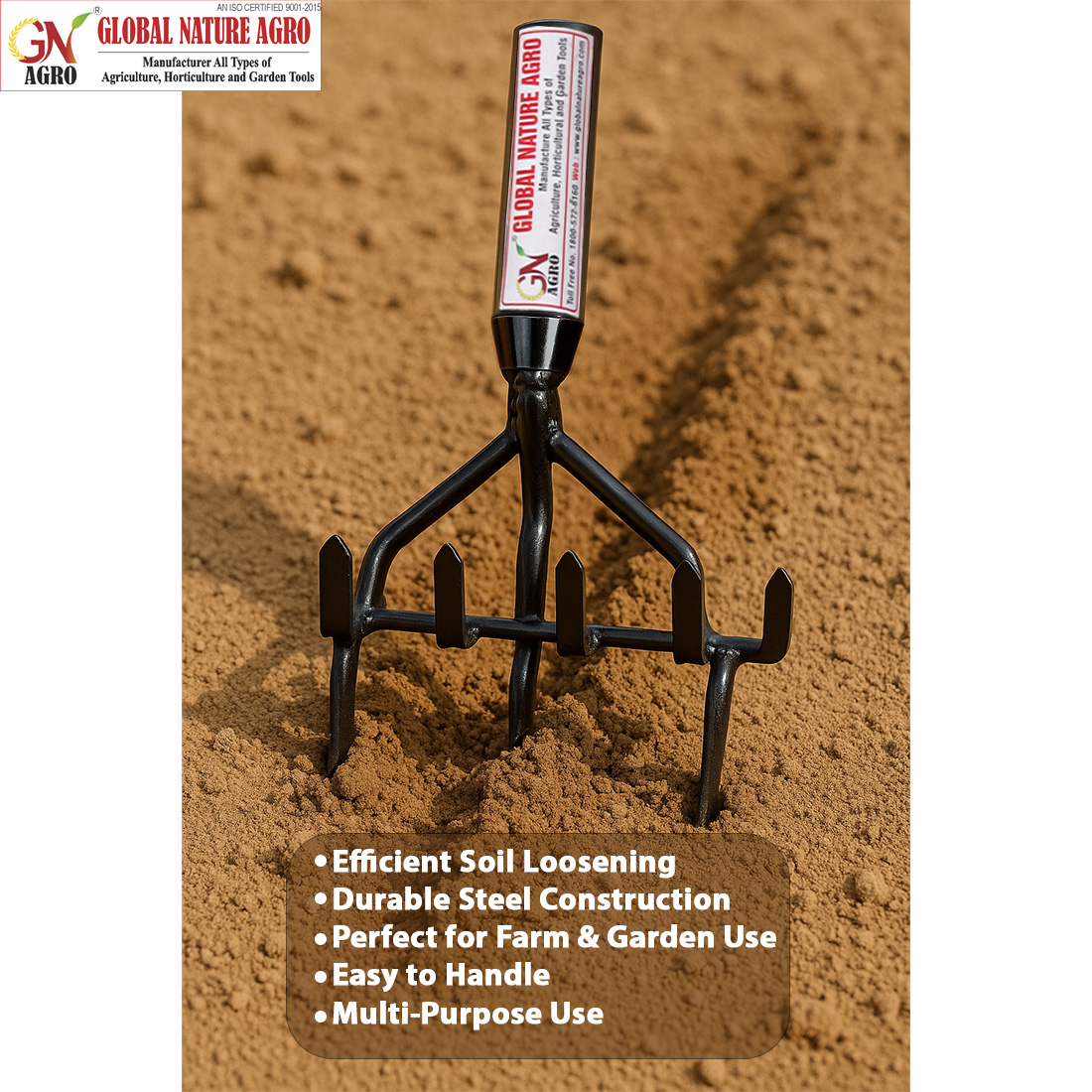 Global Nature Agro 3 Tine Base Cultivator | Heavy Duty Manual Garden Weeder Tool with Strong Handle Socket | Soil Loosening & Weed Removal Tool for Farming & Gardening - Image 4
