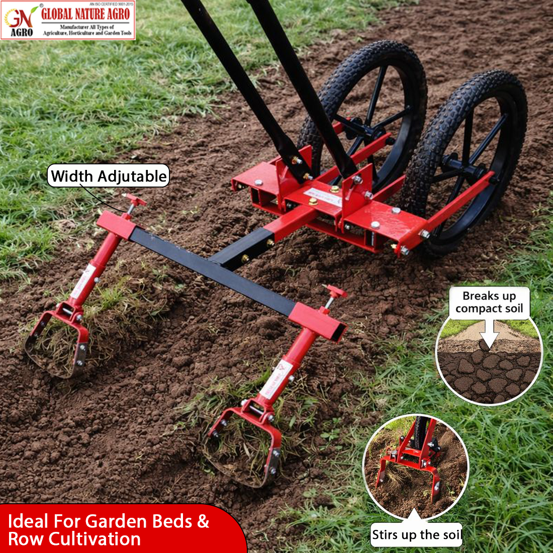 Global Nature Agro Adjustable Double Wheel Weeder Cum Cultivator Machine | Manual Push Type Garden & Farm Tool for Weed Removal, Soil Loosening & Inter-Cultivation (Harrow-Stirrup-Hoe-5.5-Inch) - Image 3