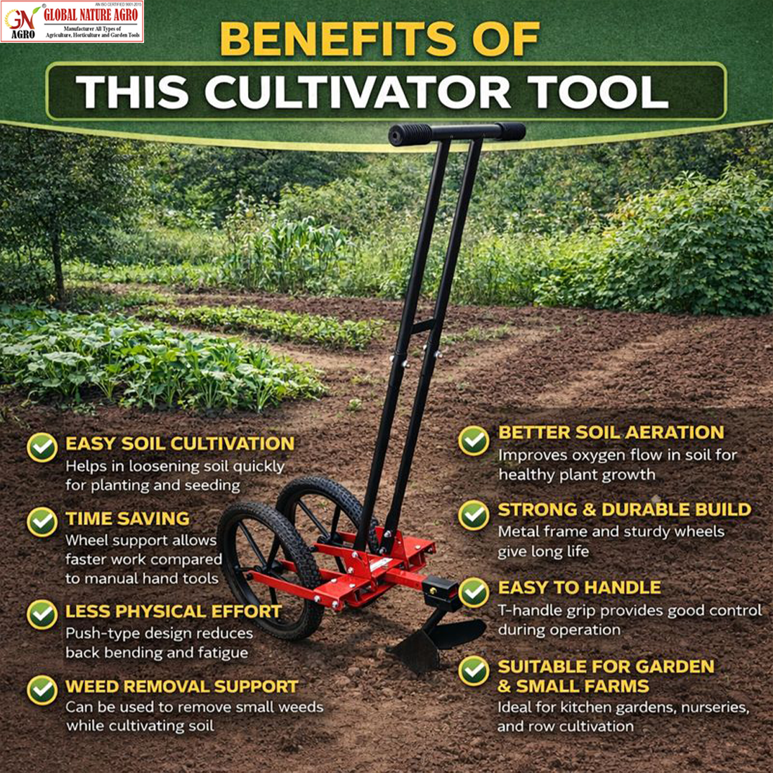 Global Nature Agro Adjustable Double Wheel Weeder Cum Cultivator Machine | Manual Push Type Garden & Farm Tool for Weed Removal, Soil Loosening & Inter-Cultivation (Harrow-Furrower Attachment) - Image 2